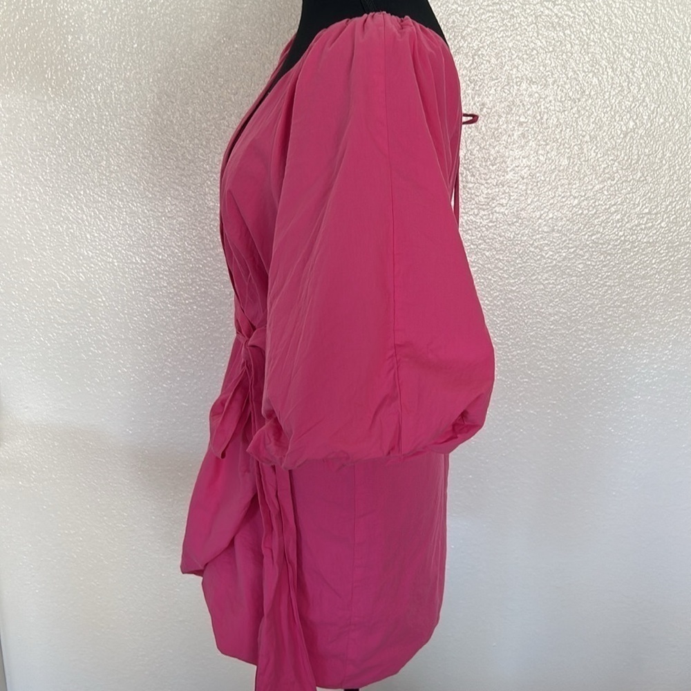 Pink Puff Sleeve with Tie Belt Mini Dress Size Large - Picture 9 of 14